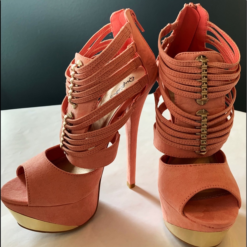 Pink/Coral 6 inch heel with gold accents.